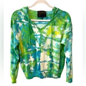 Valentine K 100% Cashmere Hooded Sweater Blue Green Tie Dye Sz 1 Medium